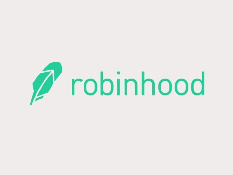 Robinhood logo with green text in block font and a gray background. There is a green feather next to the words.