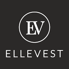 Ellevest logo with the words in white text against a dark gray background and the letters E and V inside a circle above it, all in white.