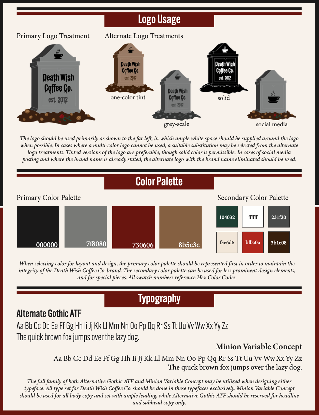 Document containing logo usage, color palette, and typography for Death Wish Coffee Co. mock campaign