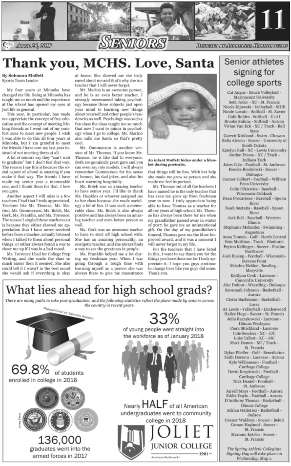 Photo shows a page in the April 2019 Peace Pipe Chatter Newspaper with various photos and headlines reading, 'Thank you, MCHS. Love, Santa,' 'Senior athletes signing for college sports' and an infographic with statistics reading 'What lies ahead for high school grads?'