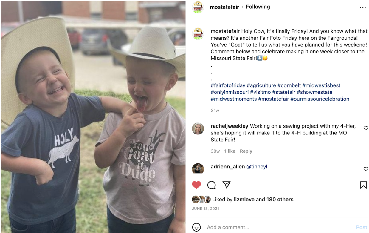 Instagram photo of two young boys wearing cowboy hats and farm pun shirts laughing with one another and capttion with hashtags