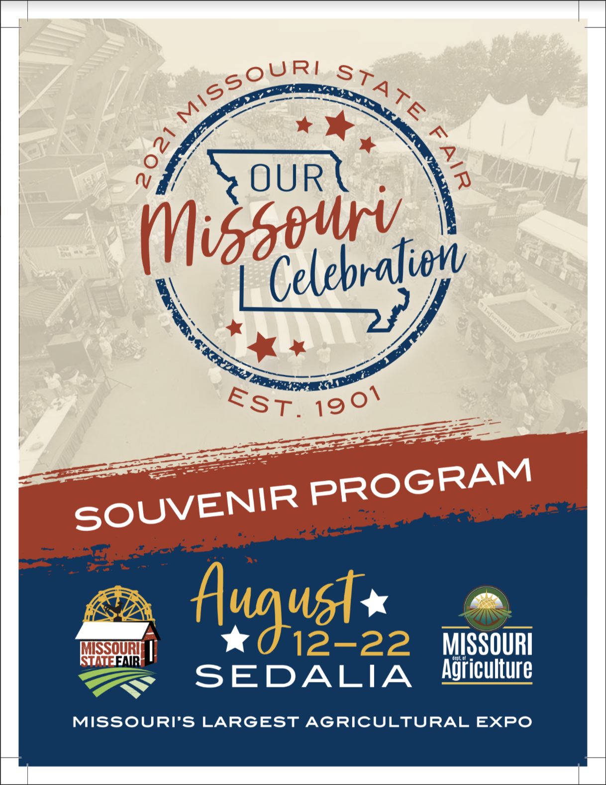 PDF cover of the 2021 Missouri State Fair souvenir program with the year's logo, dates, and background image