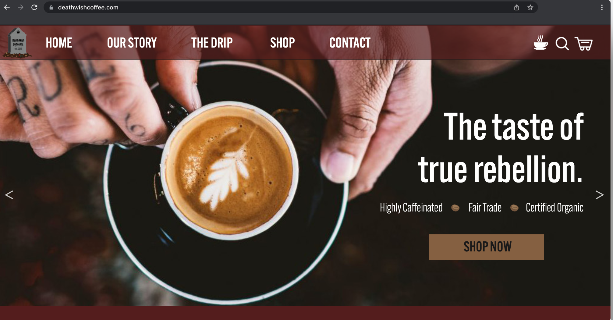 Mock website homepage with a top view of a latte as the main image, a translucent red navigation bar, and title reading 'The taste of true rebellion'.